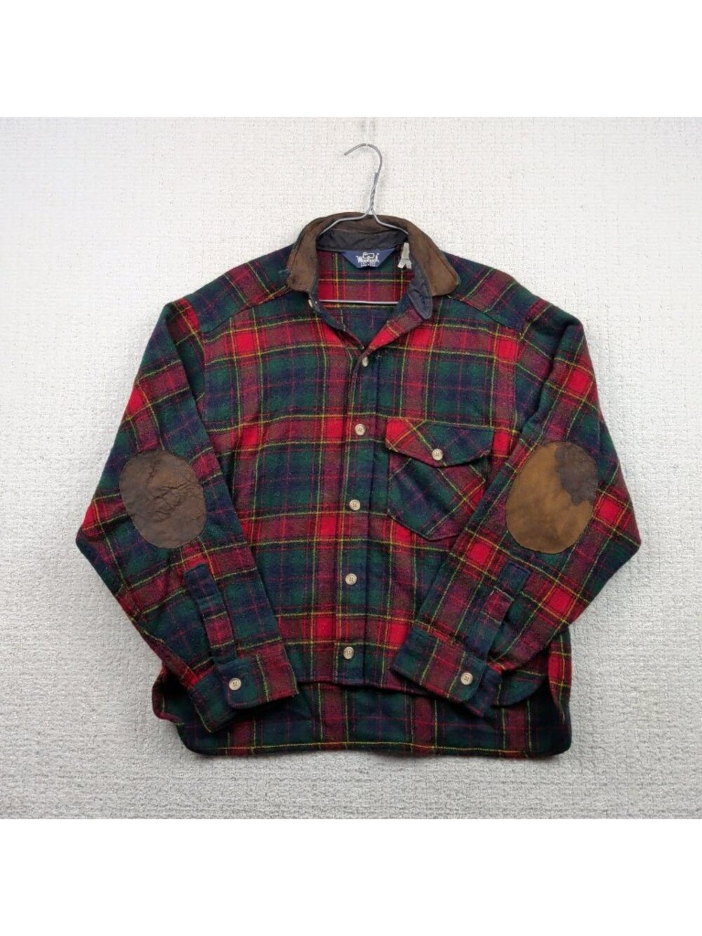 Vintage Woolrich Red Plaid Wool Flannel Hunting Shirt Leather Men M USA Made